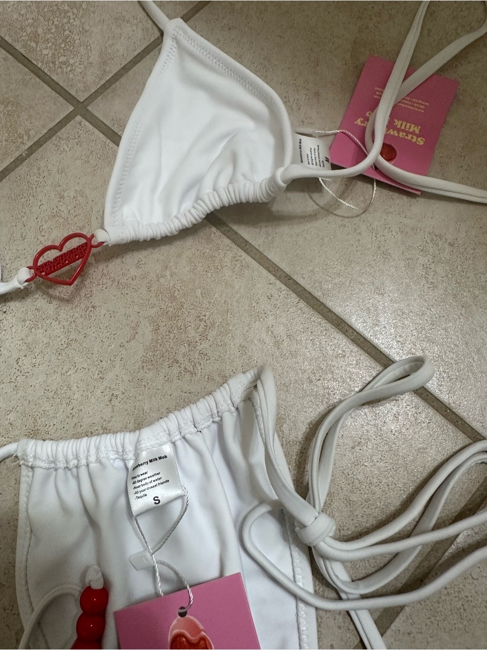 Strawberry Milk Mob White String Bikini with Red Bead Accents - Picture 3 of 4